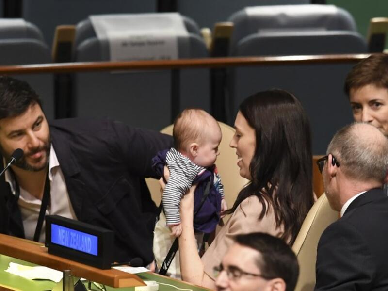 Jacinda Ardern, Prime Minister and Minister for Arts, Culture and Heritage, and National Security and Intelligence of New Zealand looks on at her daughter Neve Te Aroha Ardern Gayford during the Nelson Mandela Peace Summit September 24, 2018
Don EMMERT / AFP