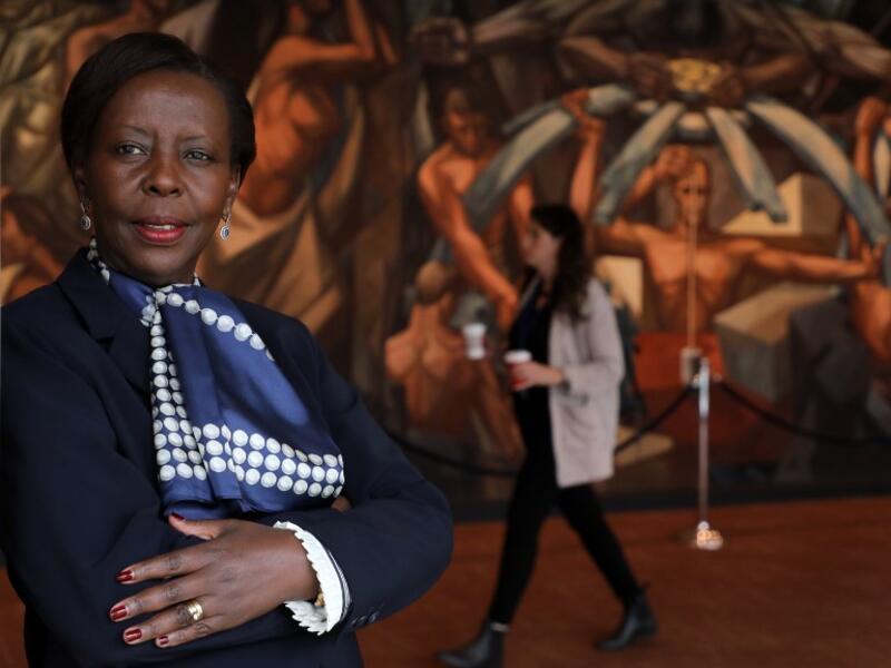 Rwanda Foreign Affairs Minister, Louise Mushikiwabo, who is running for Secretary General of the International Organisation of La Francophonie (OIF), poses for pictures onj the sidelines of the UN General Assembly, September 25, 2018 in New York. 
Ludovic MARIN / AFP
