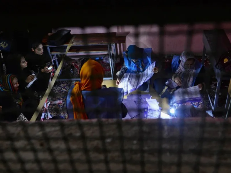 In this photo taken on October 20, 2018, Afghan Independent Election Commission (IEC) officials count ballot papers at a polling centre for the country's legislative election in Herat province. 
HOSHANG HASHIMI / AFP