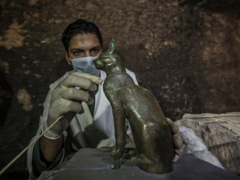 An Egyptian archaeologist cleans a bronze ancient Egyptian sitting cat statue, on November 10, 2018. (KHALED DESOUKI / AFP)