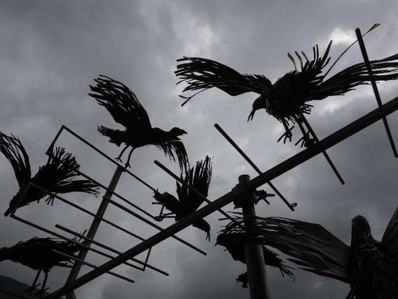 This picture shows a sculpture by Lebanese Artist Charles Nassar made out of artillery shrapnels in the village of Remhala, south of Beirut, on March 7, 2019.
JOSEPH EID / AFP