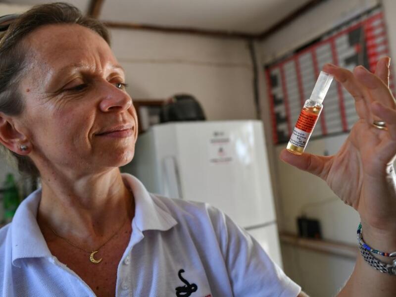 Clare, a nurse and wife of the Bio-Ken Snake Farm Director holds a vile of an anti-venom at the farm where snakes' venom is extracted for research and manufacture, on February 14, 2019, in Kenya's coastal town of Watamu, Kilifi county. 
TONY KARUMBA / AFP