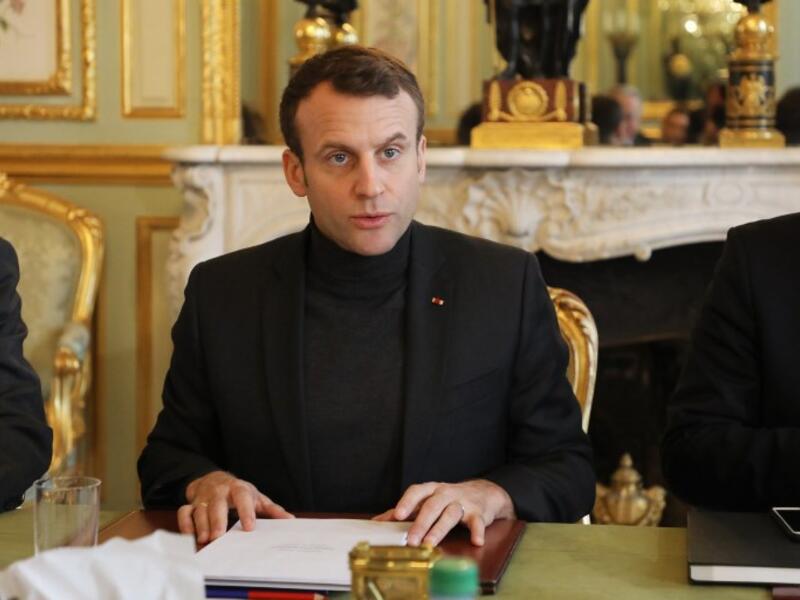 French president Emmanuel Macron speaks during a Trianon Council meeting (Conseil de coordination du dialogue de Trianon) on Feb. 9, 2018, at the Elysee Palace in Paris (LUDOVIC MARIN / POOL / AFP)