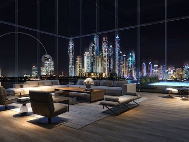 The triplex penthouse apartment spreads across 29,800 sq ft and features several living areas, five en-suite bathrooms, and almost 11,500 sq ft of exterior space. (Courtesy of Omniyat)