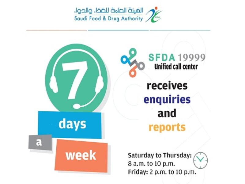 The Saudi Food and Drug Authority (SFDA) has assigned a unified call center number 19999 for citizens and expats to report any concerns. 