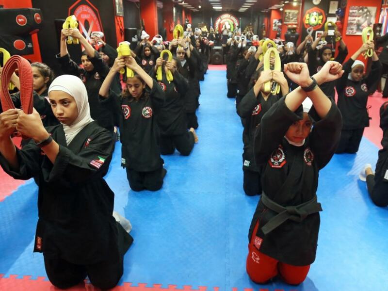Kuwaiti women practise hybrid martial art Kajukenbo in a club in Kuwait City.
Yasser Al-Zayyat / AFP