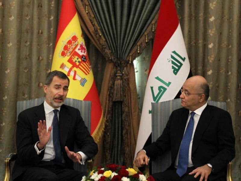 Iraqi President Barham Saleh (R) receives the King of Spain Felipe VI in the capital Baghdad on January 30, 2019. King Felipe visited special forces helping Iraq fight terrorists, during the first trip by a Spanish monarch to the war-ravaged country in four decades, a diplomat said.
AHMAD AL-RUBAYE / AFP