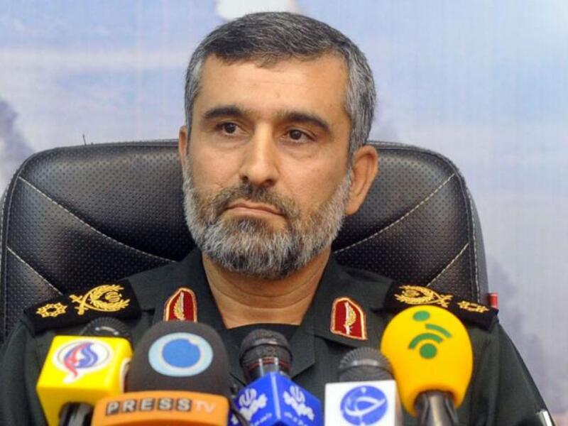 General Amir-Ali Hajizadeh, commander of aerial forces of Iran's elite Revolutionary Guards giving a press conference in Tehran. (AFP)