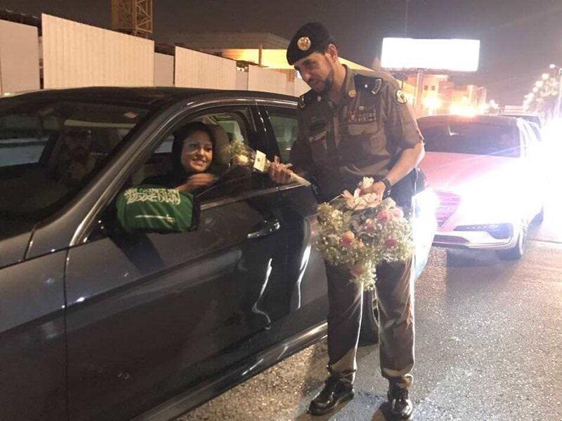 Police distributed flowers to women drivers on their first day of driving in the country. (Twitter) 