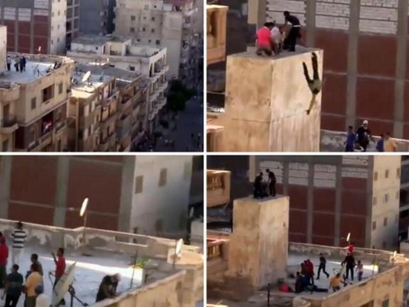  A combo of image grab taken from a video uploaded to YouTube on July 5, 2013, shows an unidentified group of men taking refuge atop of a building while being surrounded by another group of men (Top-L), hurled of a ledge onto the roof of a building (Top-R, Bottom-L), and then beaten (Bottom-R) (Youtube / AFP)