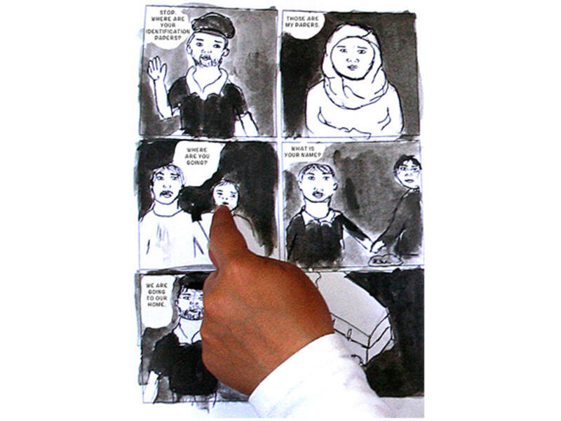 Bradbury later translated the original story texts and reversed the panel arrangements so that the final artworks could be read by English readers. This one tells of one family's harassment before heading for the Jordanian border.