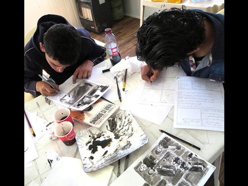 The artists first wrote out a storyboard - in text - dividing their stories into individual scenes. With ink dip pens and brushes, they then converted the language to images. Western stories unfold in panels from left to right, which here reversed to fit with right-leading Arabic print and typesetting.
