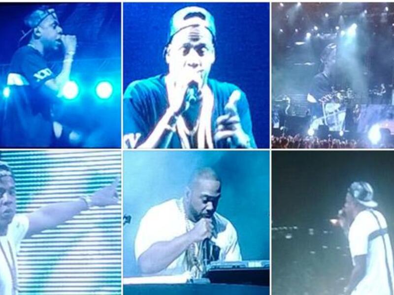 Jay Z and Timbaland sweating it out on stage, which they were well rewarded for with lots of free gifts (Image: Twitter)