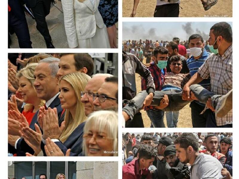 Photos taken at the same time, the left ones show the opening ceremony of the U.S. Embassy in Jerusalem while the ones on the right show the Israeli violence against Palestinians during the protests near Gaza border. (Twitter)