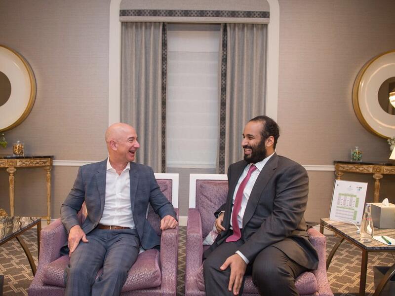 HRH Crown Prince Mohammed Bin Salman met with Amazon founder Jeff Bezos to discuss areas of cooperation in light of the Kingdom’s Vision 2030 (Twitter)