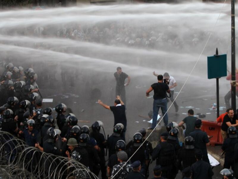 water cannon Lebanese protesters