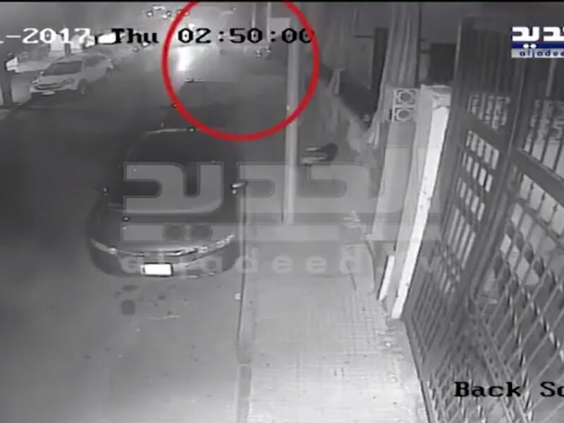 Screenshot of CCTV video purporting to show the arson attack on Al-Jadeed (Twitter)
