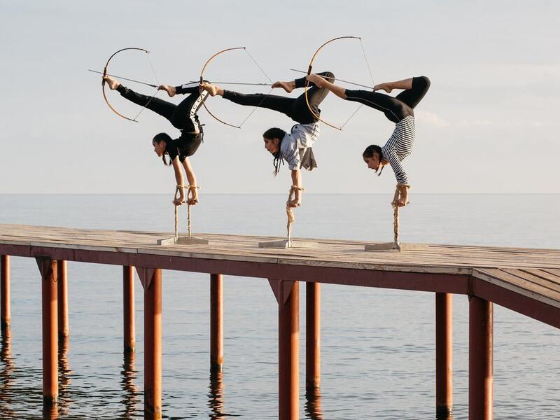 Exceptionally talented archers, Chynara Madimkullova, Aleiza Alikova and Milena Uruldaeva, as they prepare for their performance (Ella Mack)