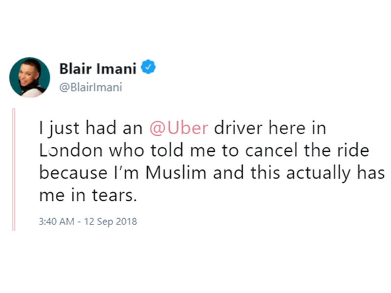 Blair Imani who is a British Muslim queer activist tweeted about how she encounter a racism act based on her religion by an Uber driver. (Twitter/@BalirImani)