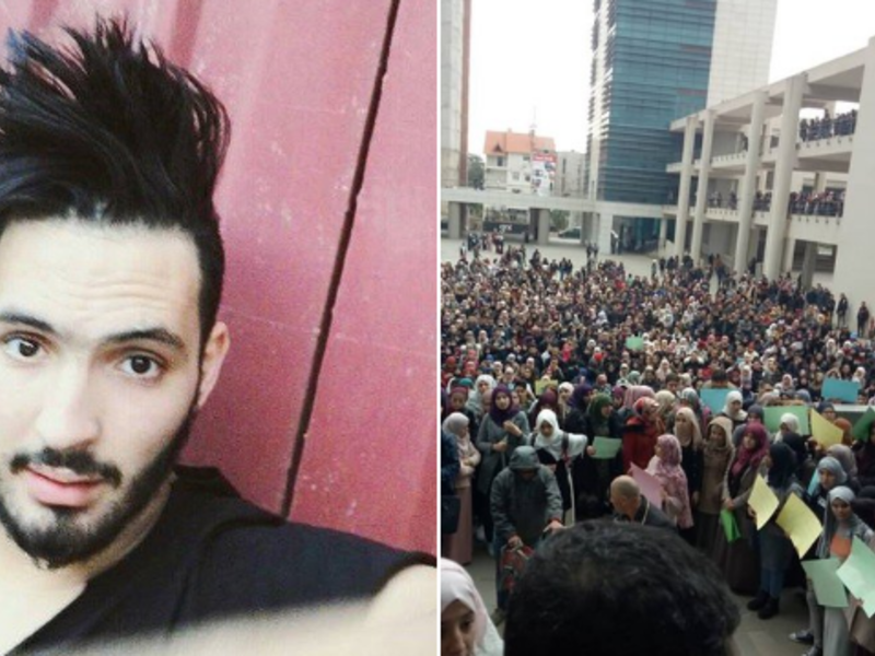 (Left) Assil Belalta photo. (Right) Photos from marches organized by Assil's friends and colleagues in the university on Monday. (Twitter)