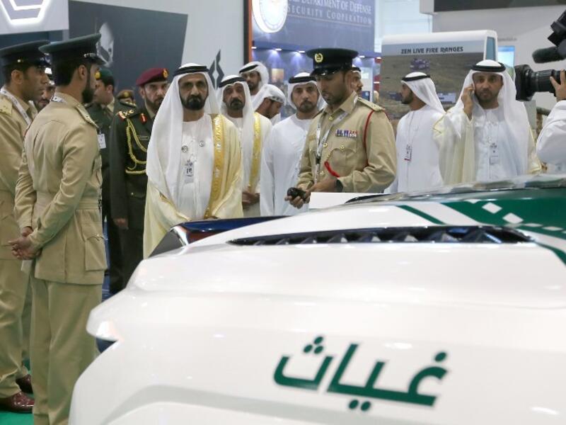 Sheikh Mohammed bin Rashid al-Maktoum (L), Vice-President and Prime Minister of the UAE and Ruler of Dubai attends the opening of the International Defence Exhibtion and Confrence at the Abu Dhabi National Exhibtion Centre on February 17, 2019. 
AFP