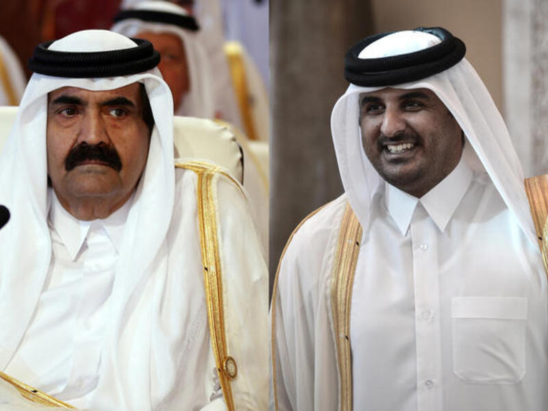From left to right: A March 26, 2013 file photo shows Qatar's Emir Hamad bin Khalifa al-Thani attending the opening of the Arab League summit in the Qatari capital Doha, and his son, the new emir Sheikh Tamim bin Hamad al-Thani smiling as he arrives in the Bahraini capital of Manama on December 24, 2012. (AFP)