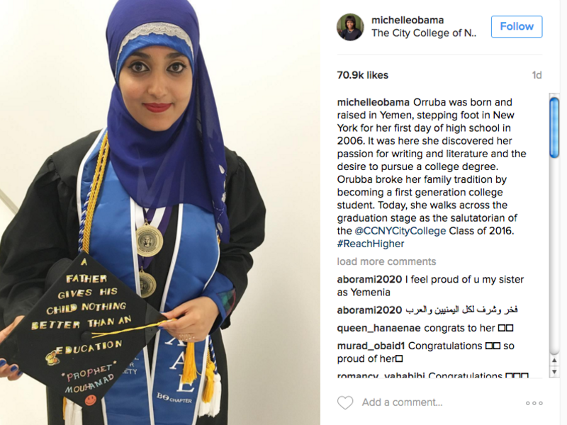 Michelle Obama's Instagram post praising a female Muslim student who gave the salutatory speech at a New York City college on Friday. 