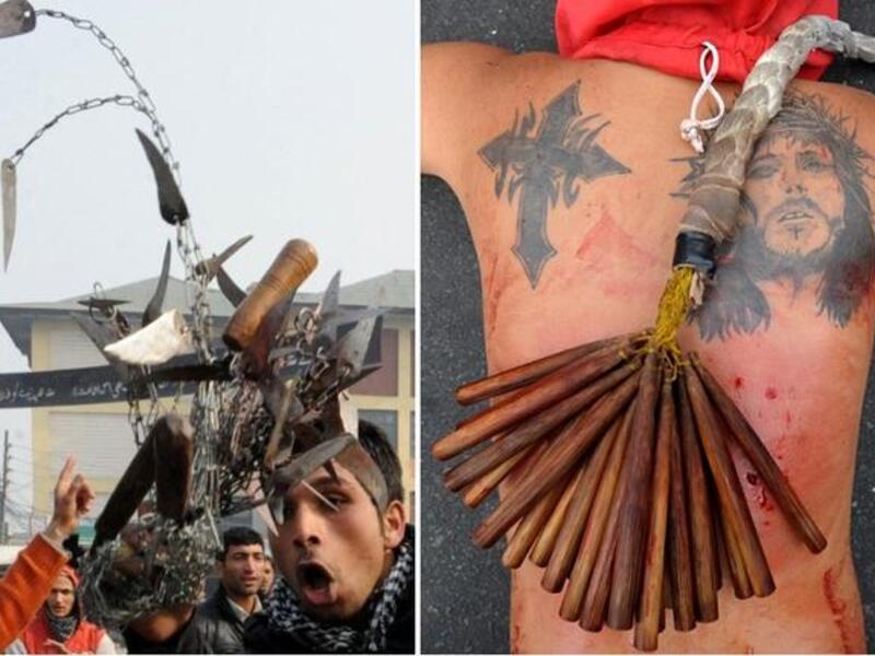 Some Shia men emulate the suffering of Hussein by flagellating themselves with chains or cutting their foreheads with
their palms until blood streams. This can turn quite extreme & frenzied as can get competitive 
& riled up. Not so dissimilar to some devoted Christians at Easter, who self-inflict physical suffering in remembrance of Jesus.