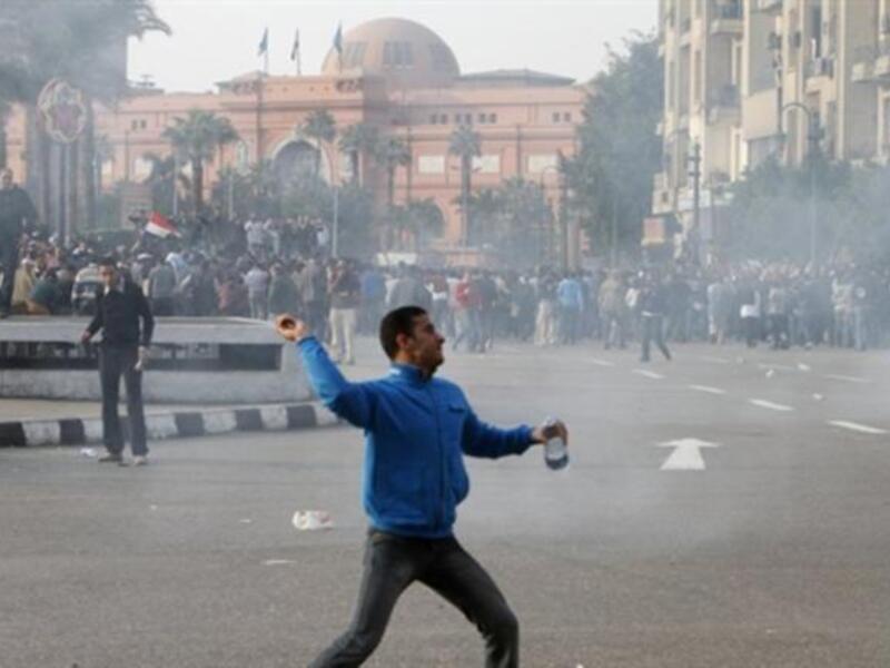 Egyptian demonstrators protest in central Cairo to demand the ouster of President Hosni Mubarak.
