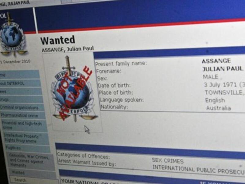 The "Wanted" Interpol web page for Wikileaks founder Julian Assange is seen on November 30, 2010 in Washington, DC. 