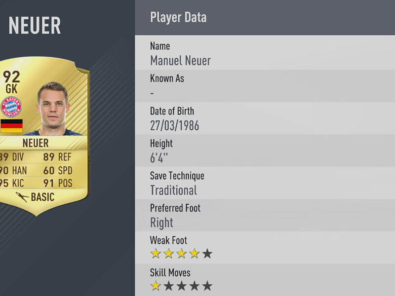 الحارس الألماني مانويل نوير (بايرن ميونخ) بتقييم 92