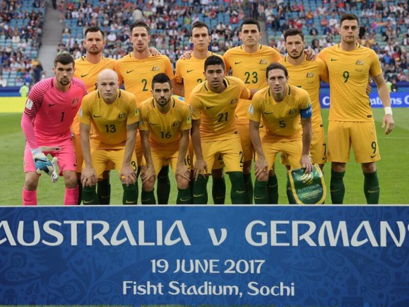 Australia's football team players (back L-R) Bailey Wright, Milos Degenek, Trent Sainsbury, Tommy Rogic, Mathew Leckie, Tomi Juric, (front L-R) Mathew Ryan, Aaron Mooy, Aziz Behich, Massimo Luongo, Mark Milligan during their 2017 Confederations Cup group B match against Germany at the Fisht Stadium in Sochi on June 19, 2017.
FRANCK FIFE / AFP