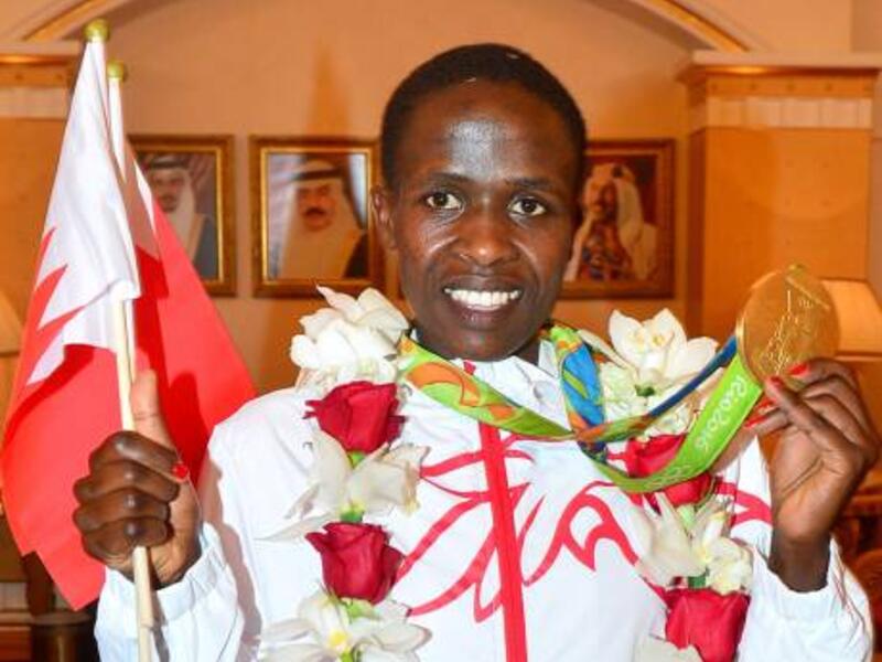 Ruth Jebet is felicitated after she arrives in Bahrain following her achievements in Rio and Paris (Photo: BNA)