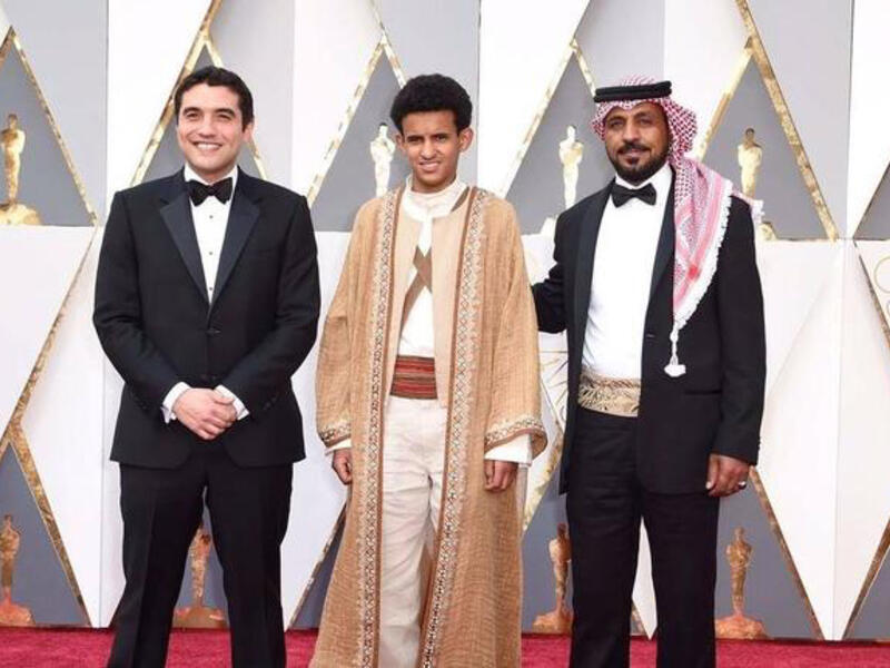 Theeb's director Naji Abu Nowar and cast on the Oscars red carpet. (Facebook)