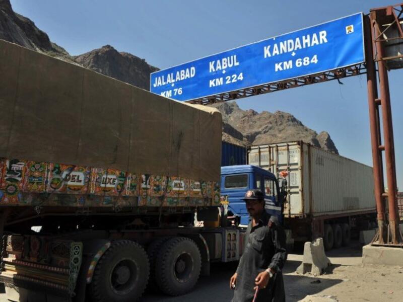 A truck passes through the contested Torkham border. (AFP/File)