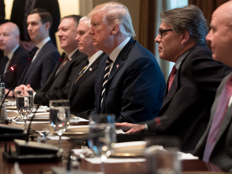 U.S. President Donald Trump (C) holds a lunch meeting with Saudi Arabia's Crown Prince Mohammed bin Salman, and members of his delegation, in the Cabinet Room of the White House in Washington, DC, March 20, 2018.  (SAUL LOEB / AFP)