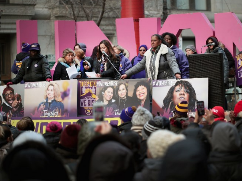 Chicago: Women, activists, and SEIU members hold a rally to celebrate International Womens Day on Mar. 8, 2018 in Chicago, Illinois. International Womens Day is an annual event held to recognize the social, economic, political, and cultural accomplishments of women. (AFP/Scott Olson) 