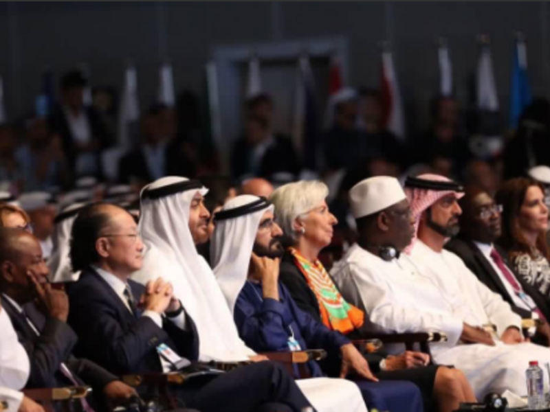 Sheikh Hamdan bin Mohammed bin Rashid Al Maktoum, Sheikh Mohammed bin Rashid Al Maktoum, Christine Lagarde, Emirati and regional leaders at the World Government Summit in Dubai. (Twitter/Dubai Media Office)
