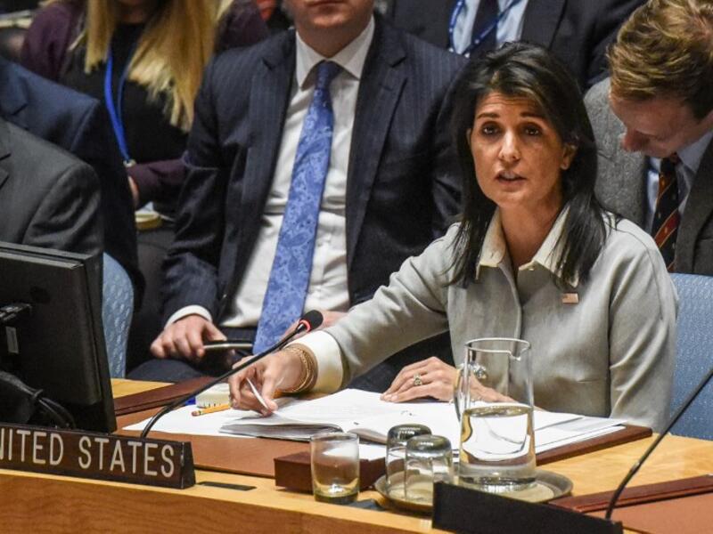 U.S. Ambassador to the United Nations Nikki Haley delivers a speech during a United Nations Security Council meeting on the situation in Palestine at the United Nations headquarters on December 8, 2017 (Stephanie Keith/Getty Images North America/AFP)