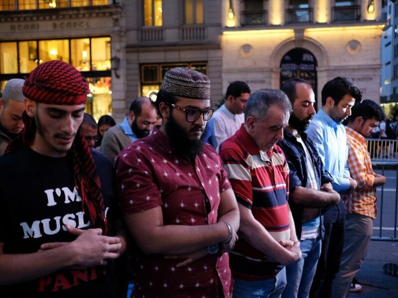 Muslims pray after Iftar near the Trump Tower in New York on June 1, 2017. (Jewel Samad/AFP)