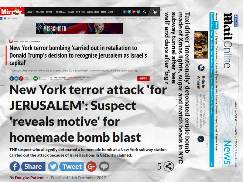 After a man attempted to blow himself up on the New York subway, some media reports quickly alleged a link to the recent decision to move the U.S. embassy in Israel to Jerusalem.
