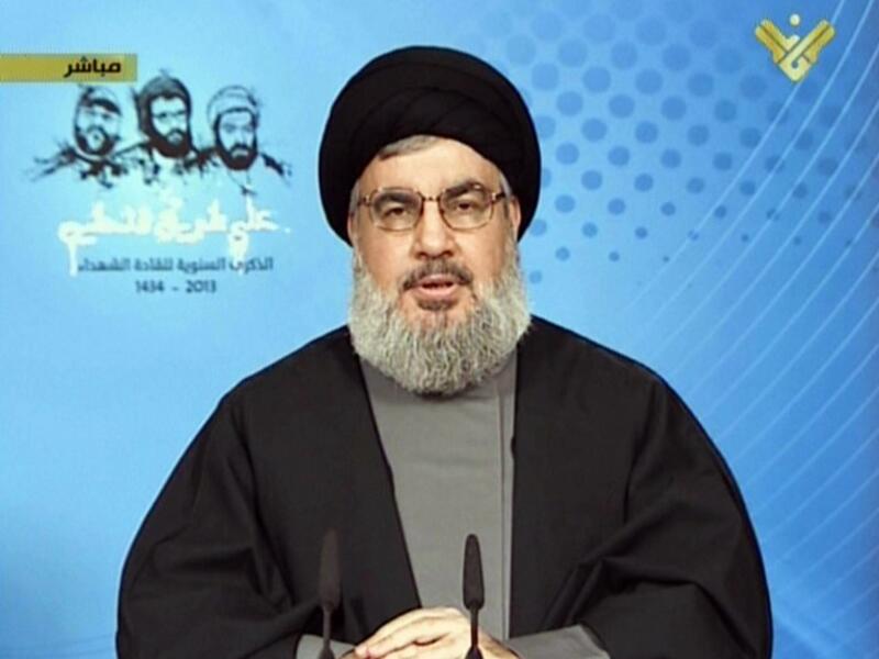 Lebanon's Hezbollah chief Hassan Nasrallah speaking during a televised address from an undisclosed location on February 16.