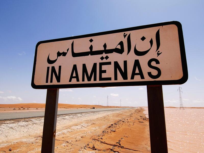A road sign near the In Amenas gas field, in eastern Algeria near the Libyan border, Algerian troops surrounded Islamists holding foreign hostages at the gas field on Thursday. (AFP Photo/Statoil/Kjetil Alsvik)