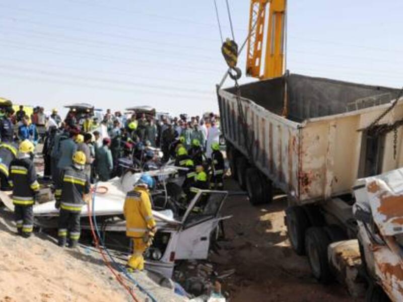 Twenty-two labourers were killed and 24 were injured when a truck ploughed into the minibus that was ferrying them to work in Al Ain. (Photo courtesy of Al-Ain Police Public Relations office)