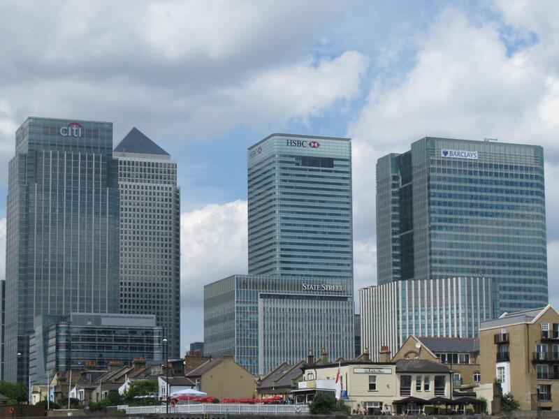 An image showing Citi, HSBC, State Street, and Barclay's buildings 