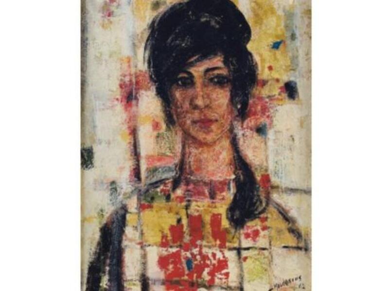 Fateh Moudaress, 'Lady with a Big Heart' (1962), oil and gold leaf-on-panel, 61 x 41cm. (Image courtesy of Christie's).