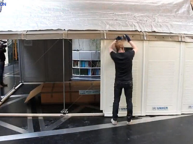 A pre-fabricated house is to serve as an alternative to tents for refugees that designed by the Swedish furniture manufacturer IKEA for UNHCR, in Beirut, Lebanon, July 24, 2013.
 