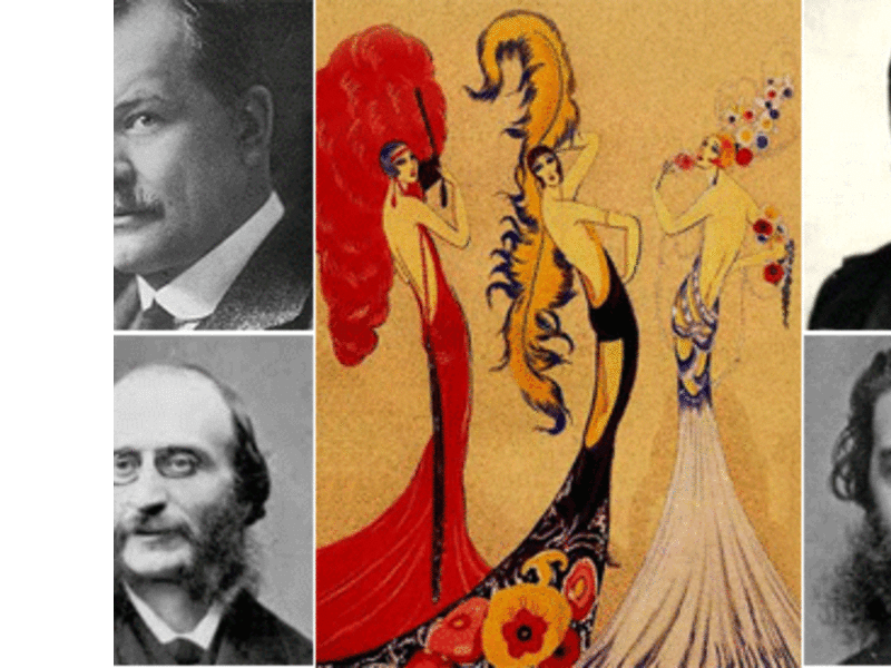 Franz Lehar (top left), Jacques Offenbach (bottom left), Louis Varney (top right), Johann Strauss II (bottom right).