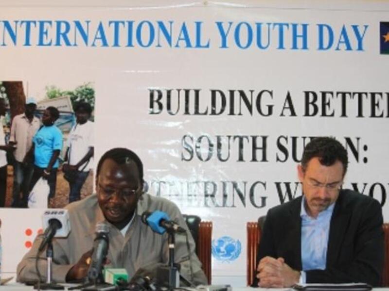 South Sudan’s youth and sports minister, Cirino Hiteng (L) and Toby Lanzer, the new UN Humanitarian Coordinator for South Sudan.