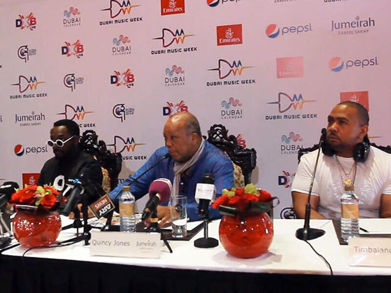 Will.i.am (left), with Quincy Jones (centre) and Timbaland yesterday at a press conference Dubai. (Image: Youtube screenshot)